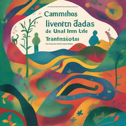 A book cover titled 'Caminhos das diversidades de uma Alma em Transição' featuring a winding path filled with different colors and textures, symbolizing various experiences and learnings