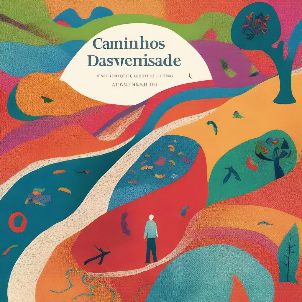 A book cover titled 'Caminhos das diversidades de uma Alma em Transição' featuring a winding path filled with different colors and textures, symbolizing various experiences and learnings