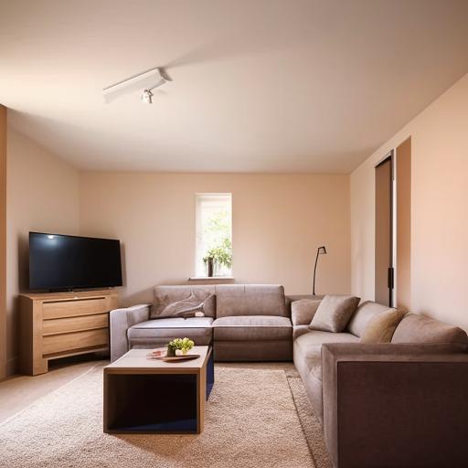 A modern living room with minimalist furniture, natural lighting, and subtle warm color tones.