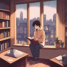 A cozy lofi art cover featuring a character sitting by a window with a view of a rainy cityscape