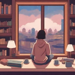 A cozy lofi art cover featuring a character sitting by a window with a view of a rainy cityscape