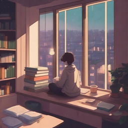 A cozy lofi art cover featuring a character sitting by a window with a view of a rainy cityscape