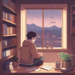 A cozy lofi art cover featuring a character sitting by a window with a view of a rainy cityscape