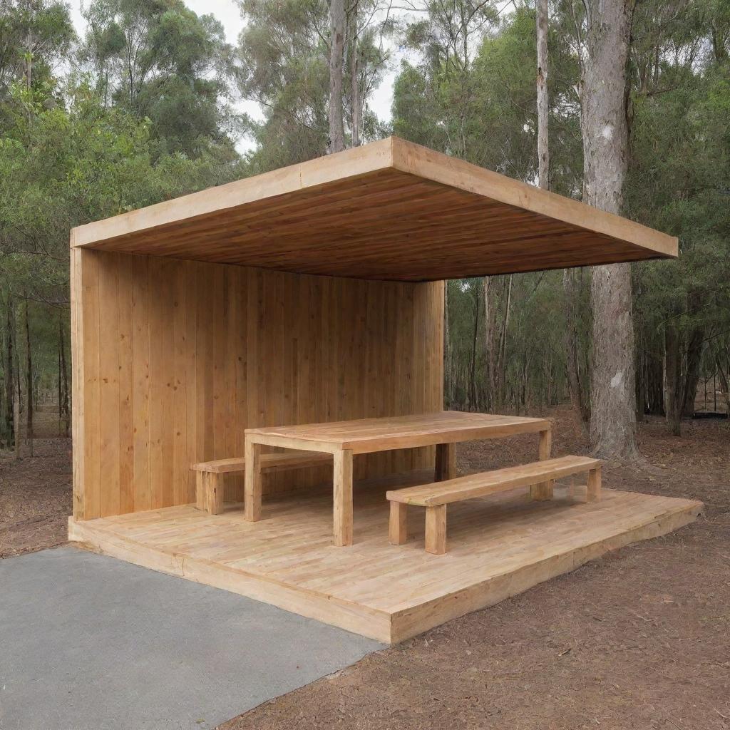 A simple 10x9 canteen constructed primarily from timber and sheets, including a calm, inviting sitting area.