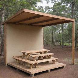 A simple 10x9 canteen constructed primarily from timber and sheets, including a calm, inviting sitting area.