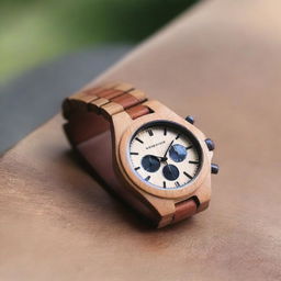 Design a chronograph watch with a diameter of 40mm to 44mm, featuring a wooden bracelet