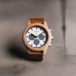 Design a chronograph watch with a diameter of 40mm to 44mm, featuring a wooden bracelet