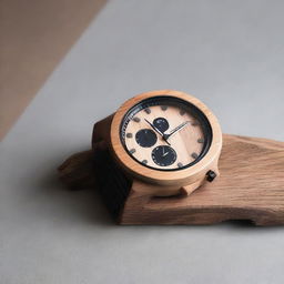 Design a chronograph watch with a diameter of 40mm to 44mm, featuring a wooden bracelet