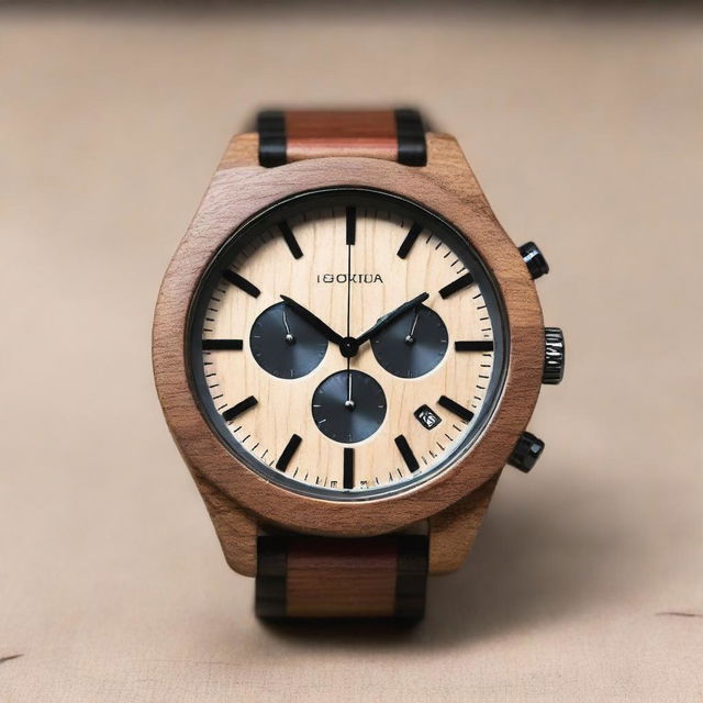 Design a chronograph watch with a diameter of 40mm to 44mm, featuring a wooden bracelet