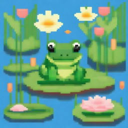 Create a charming pixel art image of a cute frog