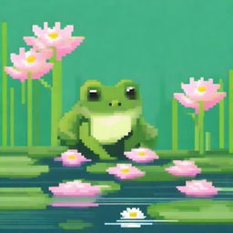 Create a charming pixel art image of a cute frog