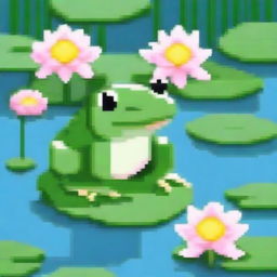 Create a charming pixel art image of a cute frog