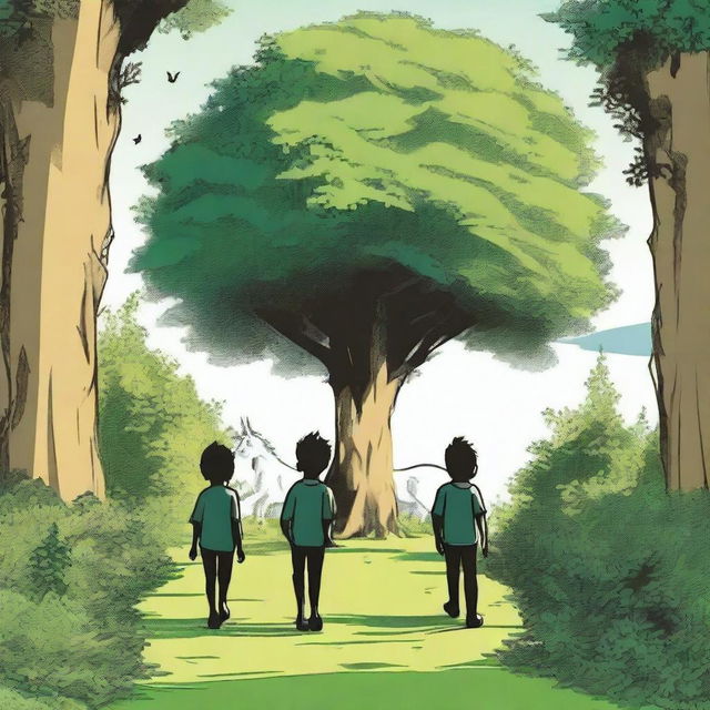 Two boys' shadows are seen walking through a green hedge row