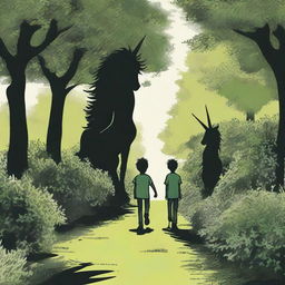 Two boys' shadows are seen walking through a green hedge row