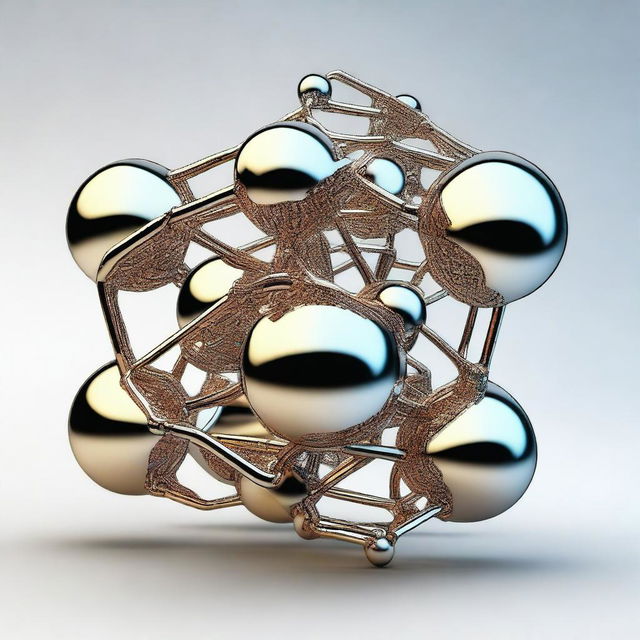 A detailed and intricate chemical structure rendered in a metallic design