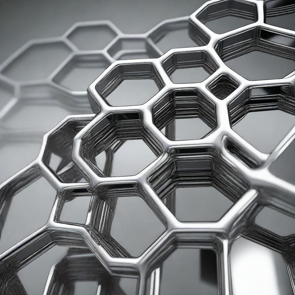 A detailed hexagonal chemical structure rendered in a sleek, metallic design