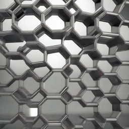 A detailed hexagonal chemical structure rendered in a sleek, metallic design