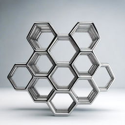 A detailed hexagonal chemical structure rendered in a sleek, metallic design