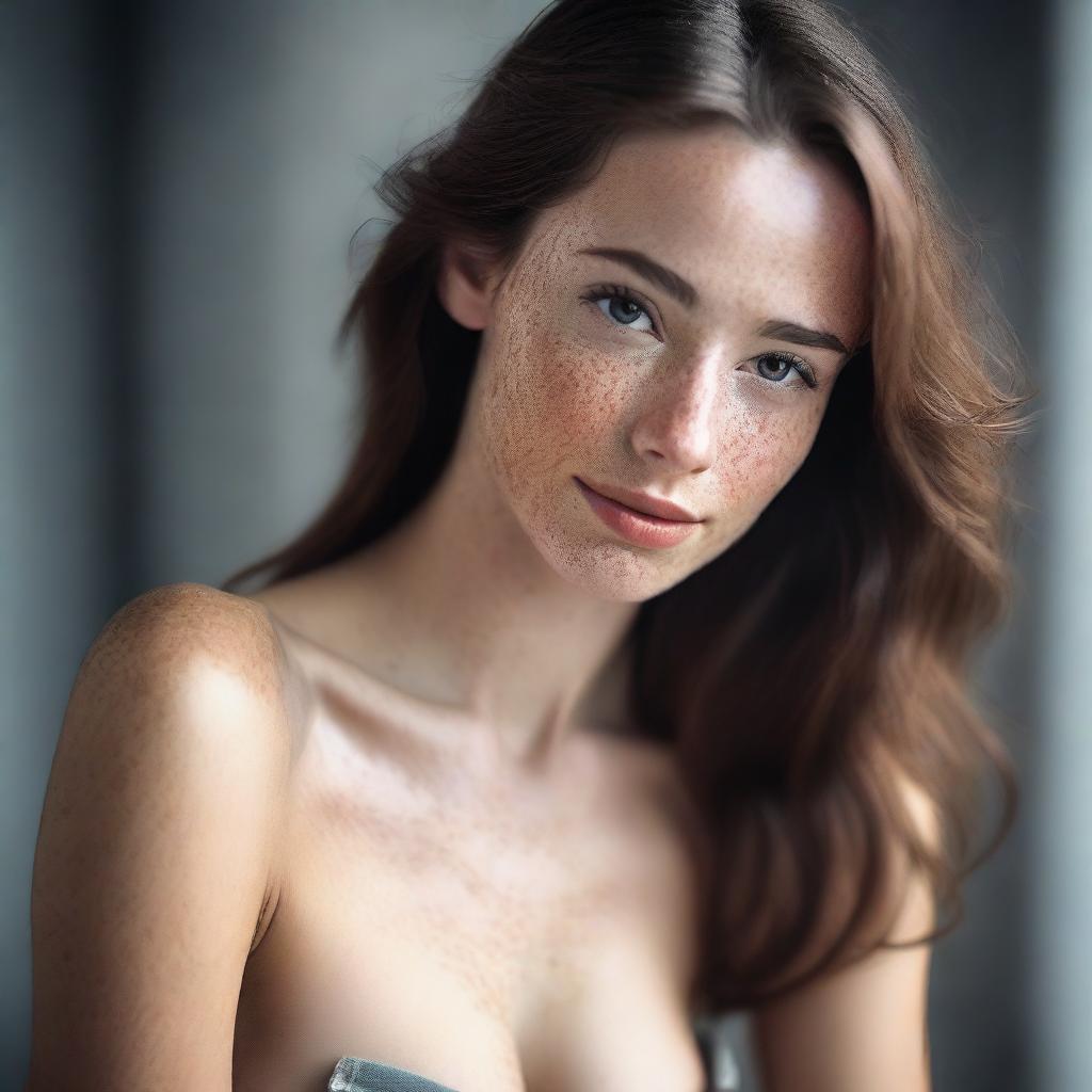 A young, slim brunette girl with grey eyes, freckles, and a dimpled cheek, depicted in a sexy and hot manner