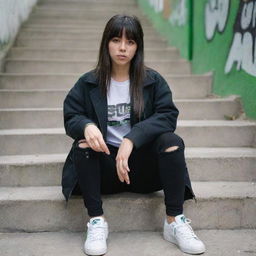 casual photograpy medium body, hip hop style clothes black jacket, sneakers, female , 23 year old with green eyes and black long hai with withe streaks in the bangs .,freckles, selfo, graffiti background stairs, medium distance shot, 4k hd,  --styerw--v 5.2 ar 2-3
