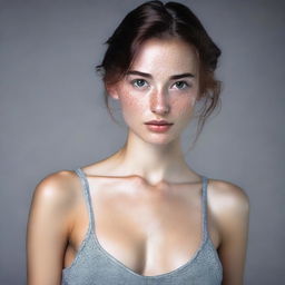 A young, slim brunette girl with grey eyes, freckles, and a dimpled cheek, depicted in a sexy and hot manner