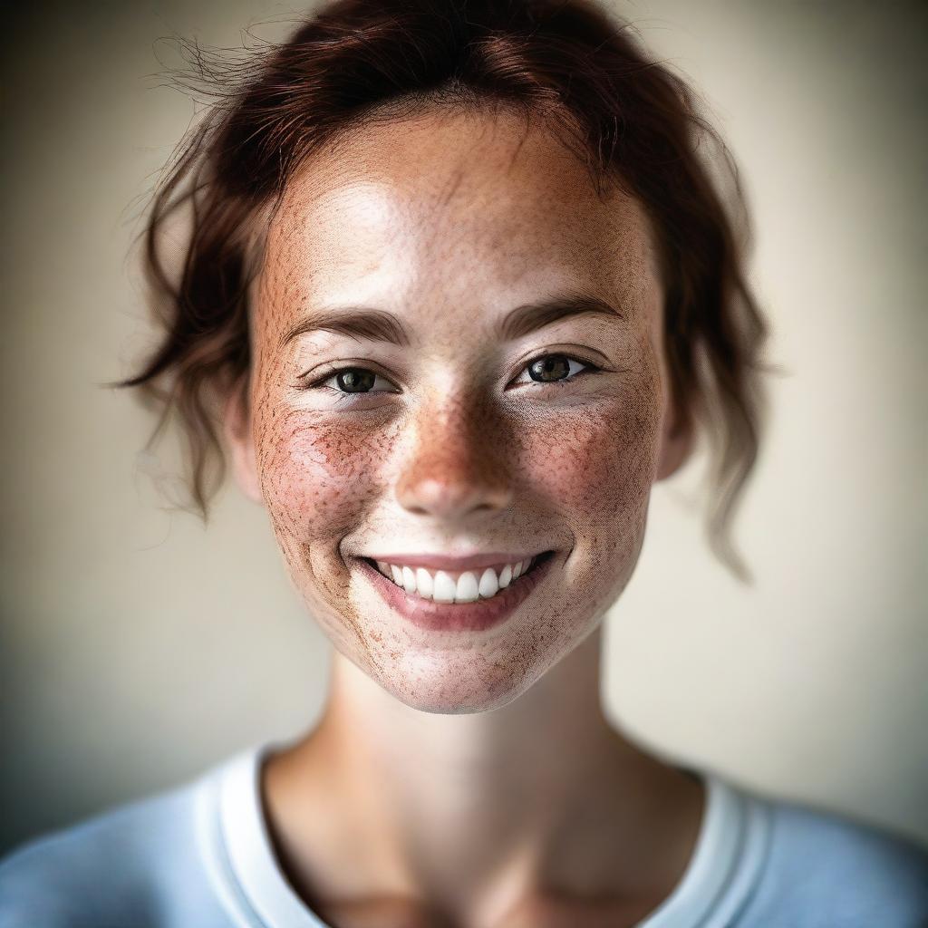 A charming and wholesome image of a person with freckles and dimpled cheeks