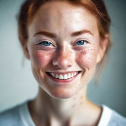 A charming and wholesome image of a person with freckles and dimpled cheeks