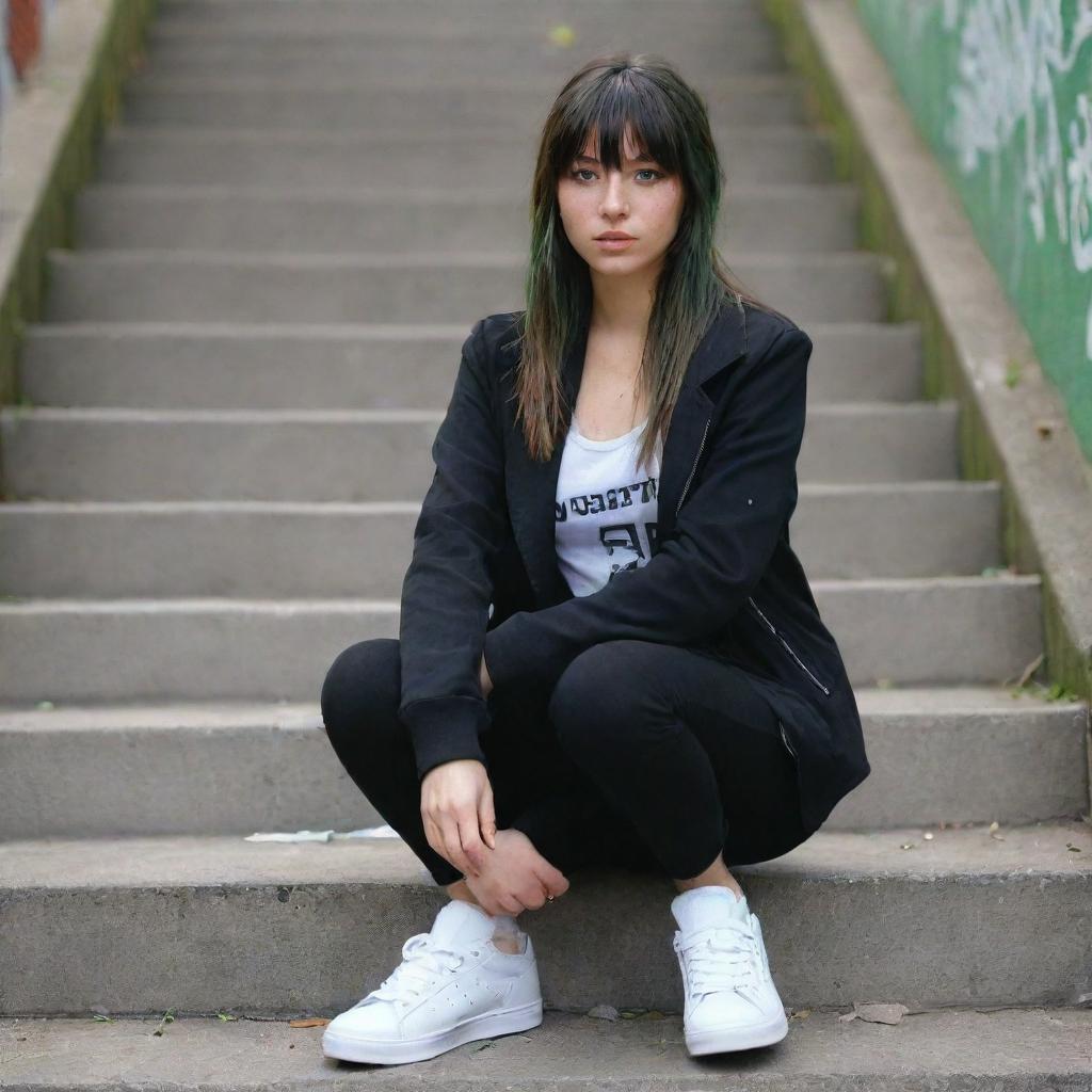 casual photograpy medium body, hip hop style clothes black jacket, sneakers, female , 23 year old with green eyes and black long hai with withe streaks in the bangs .,freckles, selfo, graffiti background stairs, medium distance shot, 4k hd,  --styerw--v 5.2 ar 2-3