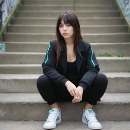 casual photograpy medium body, hip hop style clothes black jacket, sneakers, female , 23 year old with green eyes and black long hai with withe streaks in the bangs .,freckles, selfo, graffiti background stairs, medium distance shot, 4k hd,  --styerw--v 5.2 ar 2-3