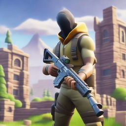 A Fortnite character holding a huntless DMR gun in a running motion