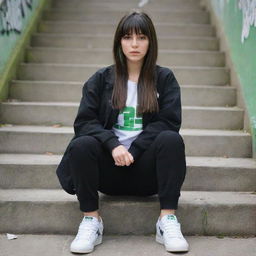 casual photograpy medium body, hip hop style clothes black jacket, sneakers, female , 23 year old with green eyes and black long hai with withe streaks in the bangs .,freckles, selfo, graffiti background stairs, medium distance shot, 4k hd,  --styerw--v 5.2 ar 2-3