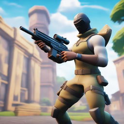 A random Fortnite character holding a huntless DMR gun in a running motion