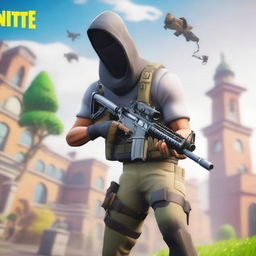 A random Fortnite character holding a huntless DMR gun in a running motion