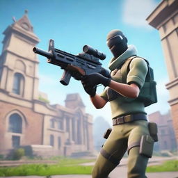 A random Fortnite character holding a huntless DMR gun in a running motion