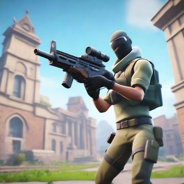 A random Fortnite character holding a huntless DMR gun in a running motion