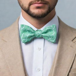 A man wearing a bow tie designed in the shape of a mint leaf, inspired by nature.