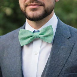 A man wearing a bow tie designed in the shape of a mint leaf, inspired by nature.