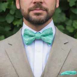 A man wearing a bow tie designed in the shape of a mint leaf, inspired by nature.