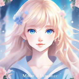 Create a Wattpad aesthetic cover featuring a blonde-haired, blue-eyed anime girl