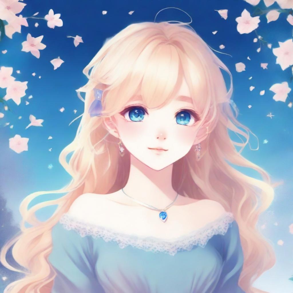 Create a Wattpad aesthetic cover featuring a blonde-haired, blue-eyed anime girl