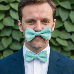 A man wearing a bow tie designed in the shape of a mint leaf, inspired by nature.