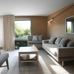 A modern living room with minimalist furniture, natural lighting, and subtle warm color tones.