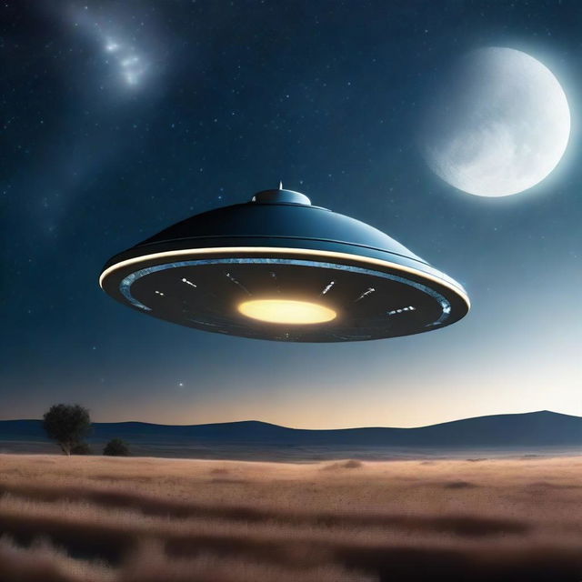 A UFO hovering above a quiet countryside at night, with bright lights shining down from the spacecraft