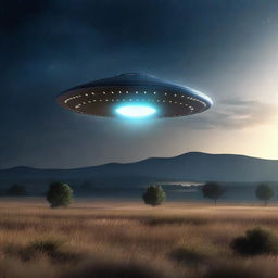 A UFO hovering above a quiet countryside at night, with bright lights shining down from the spacecraft