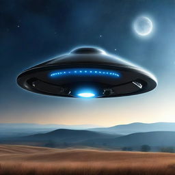 A UFO hovering above a quiet countryside at night, with bright lights shining down from the spacecraft