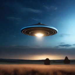 A UFO hovering above a quiet countryside at night, with bright lights shining down from the spacecraft