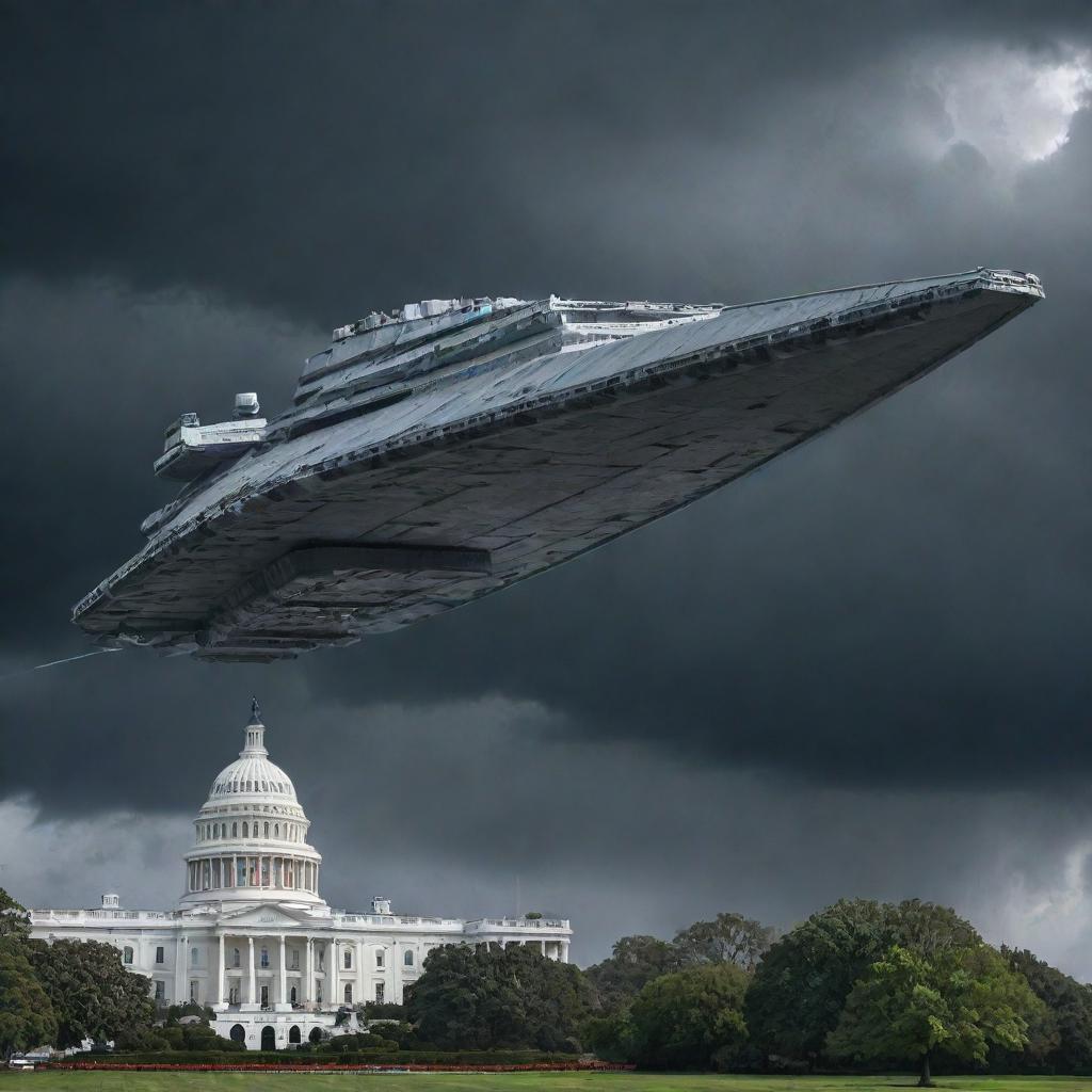 A colossal Star Destroyer from Star Wars menacingly hovering above the White House, under a stormy sky with its lasers primed for an attack.