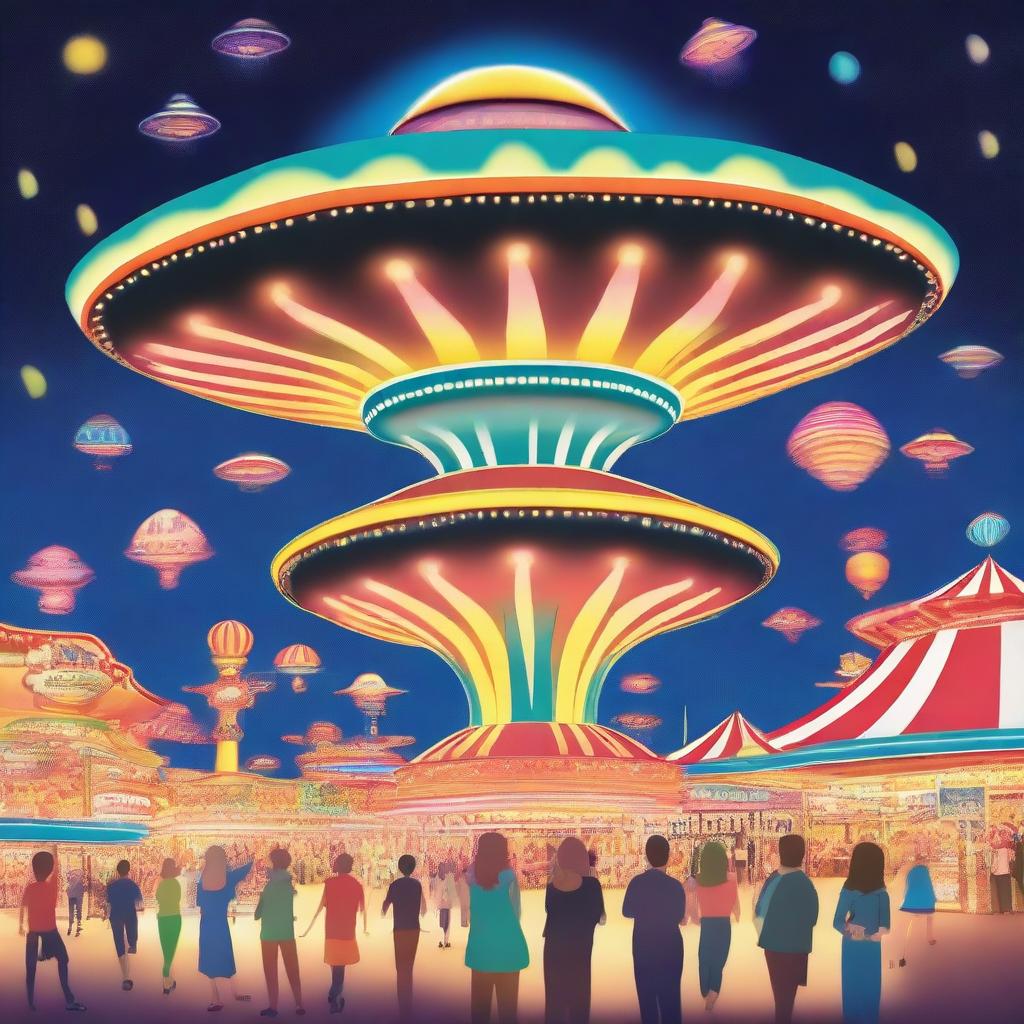 A playful scene featuring a UFO hovering above a lively carnival at night