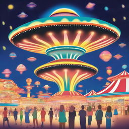 A playful scene featuring a UFO hovering above a lively carnival at night