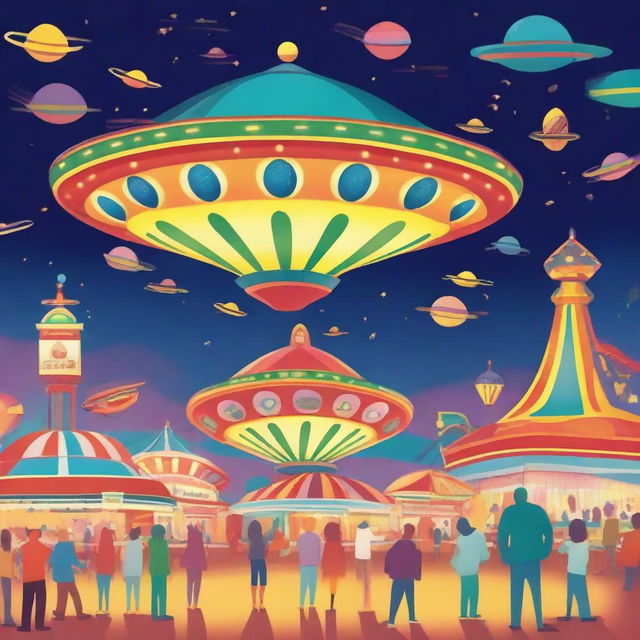 A playful scene featuring a UFO hovering above a lively carnival at night